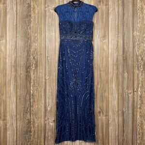 Incredible SUE WONG Azure Blue Beaded Soutache Lace Evening Gown Dress Sequins